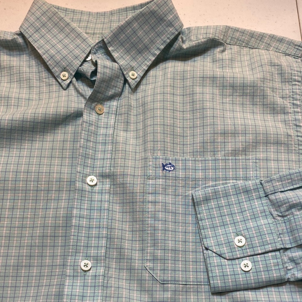 Southern Tide Green and Blue Plaid Shirt Size Medium
